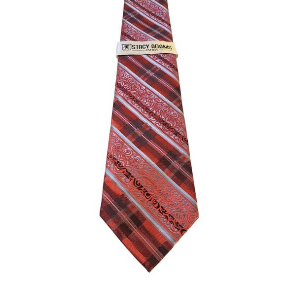 NWT Stacy Adams Mens Tie Necktie Designer Luxury Red Silver Striped Plaid‎ - Picture 1 of 13